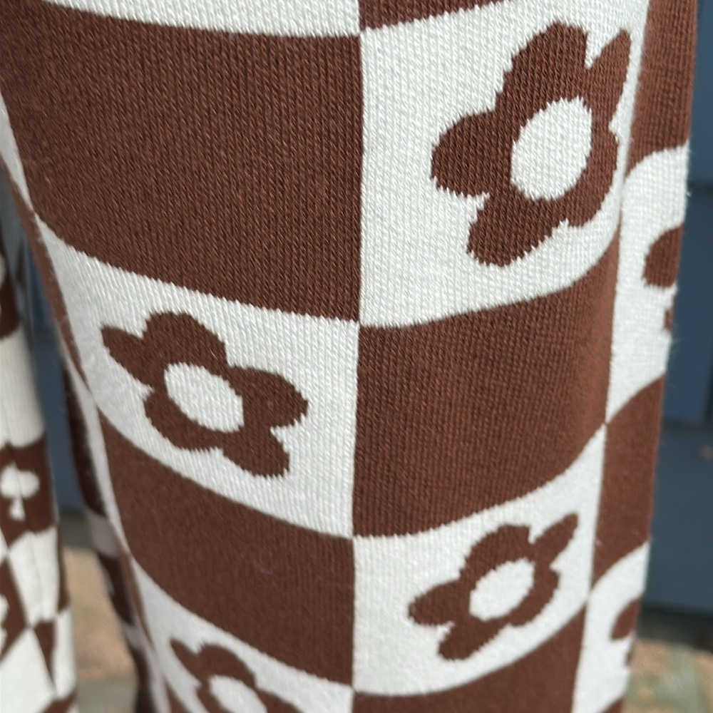 VGUC Brown/White Two-Toned Floral & Checkered Wide Leg Stretch Pants Women’s Lg - Picture 5 of 10